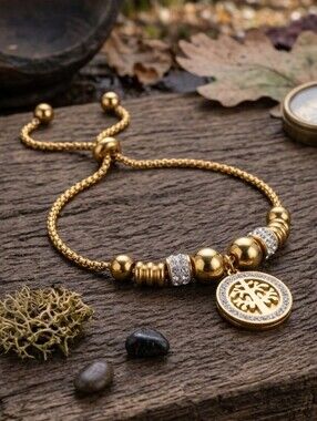 Tree of Life Bolo Bracelet 18K Gold Tone CZ Pave Adjustable Boho Chic Up To 8"